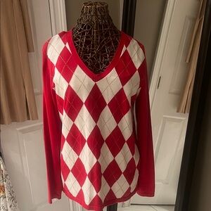 Tommy Hilfiger Red and White V-Neck Argyle Sweater